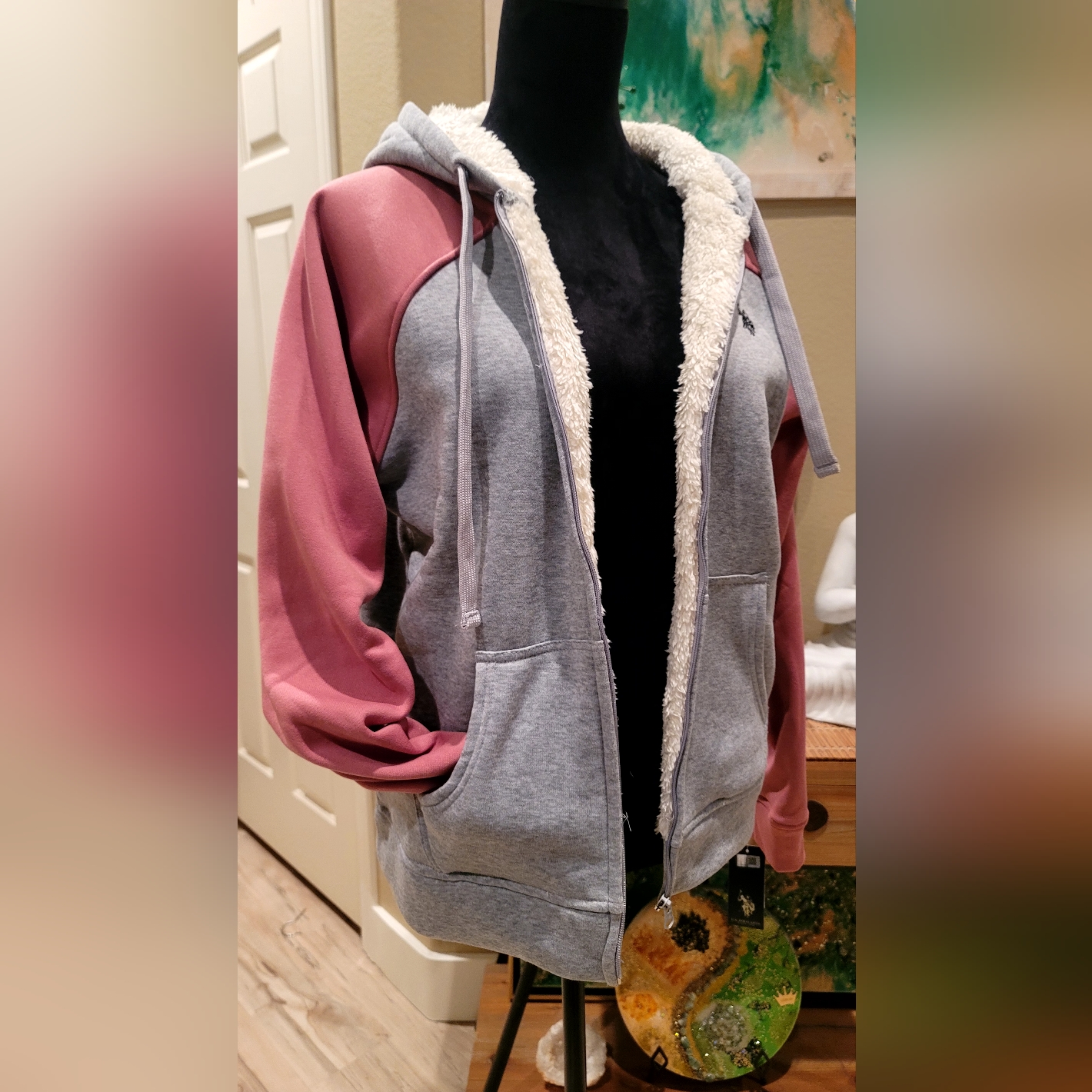 Women's Gray And Pink Sherpa-Lined Hoodie